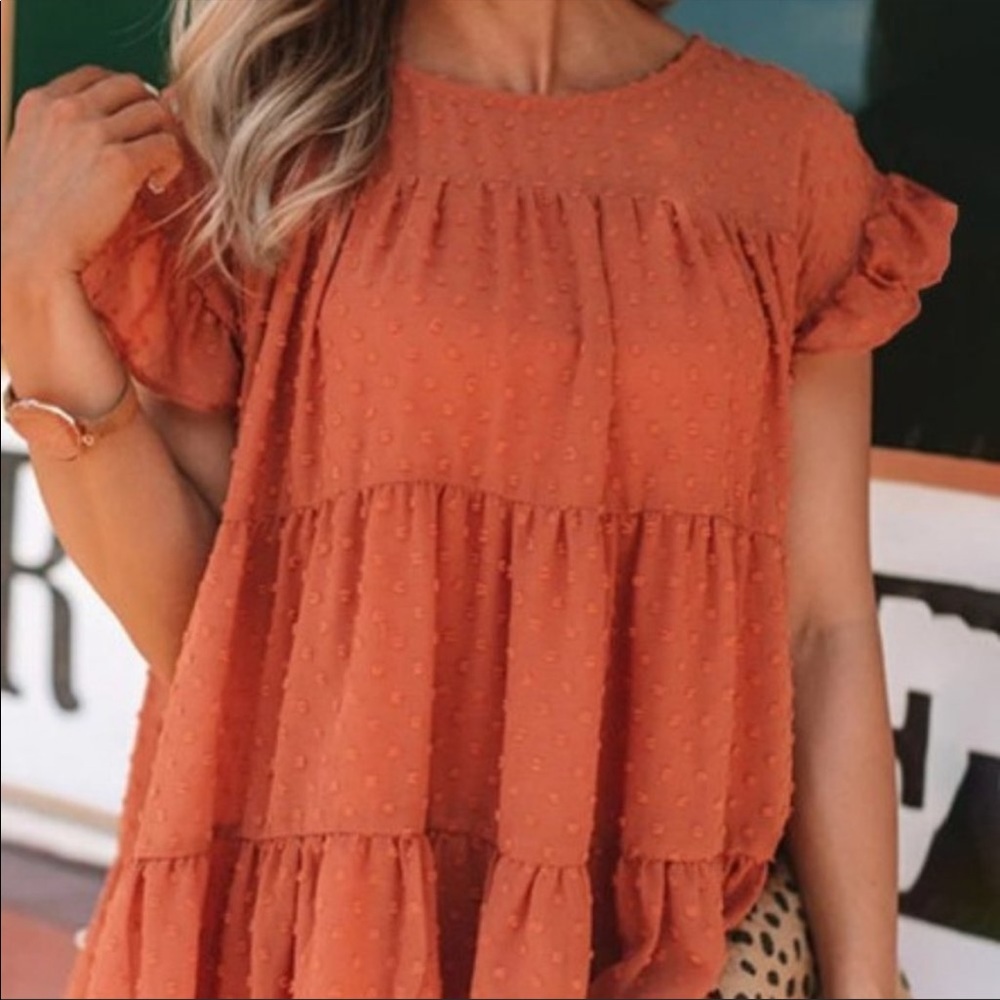 Orange Swiss Dot oversized babydoll style top